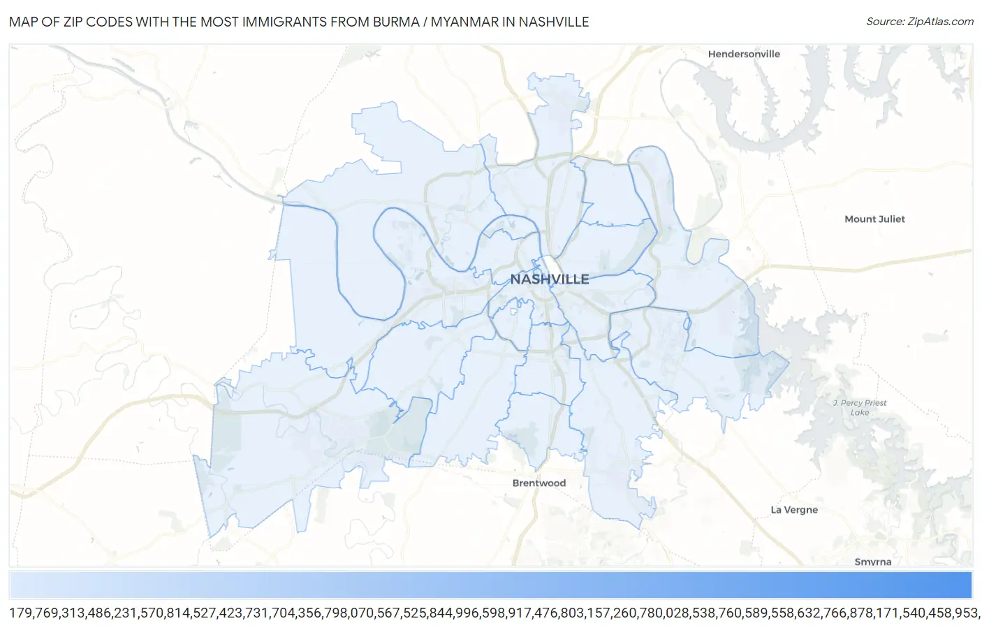 Zip Codes with the Most Immigrants from Burma / Myanmar in Nashville Map