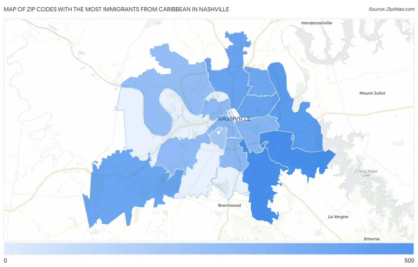 Zip Codes with the Most Immigrants from Caribbean in Nashville Map