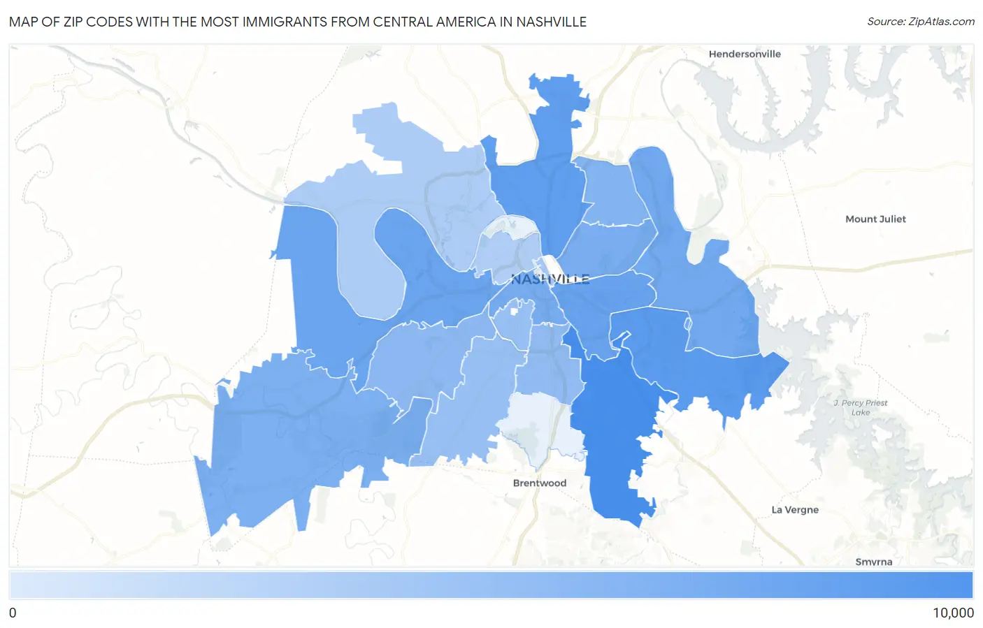 Zip Codes with the Most Immigrants from Central America in Nashville Map