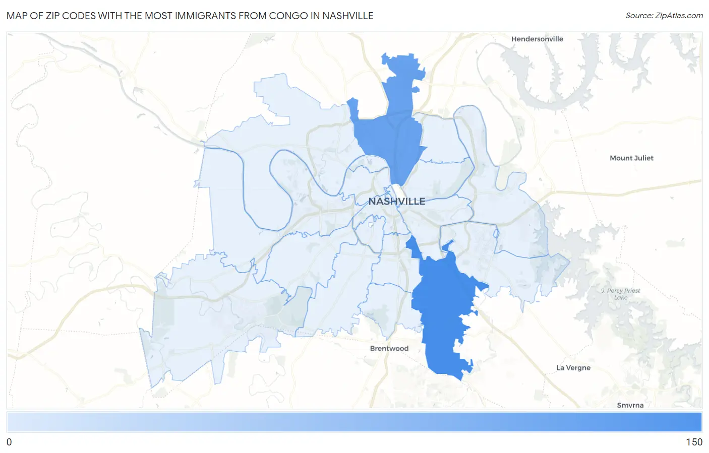Zip Codes with the Most Immigrants from Congo in Nashville Map