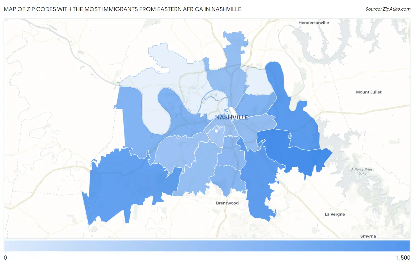 Zip Codes with the Most Immigrants from Eastern Africa in Nashville Map