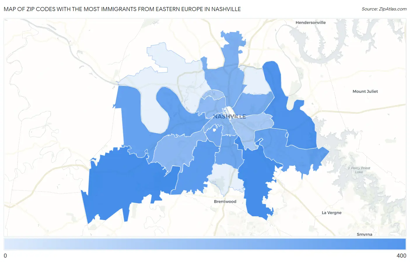 Zip Codes with the Most Immigrants from Eastern Europe in Nashville Map