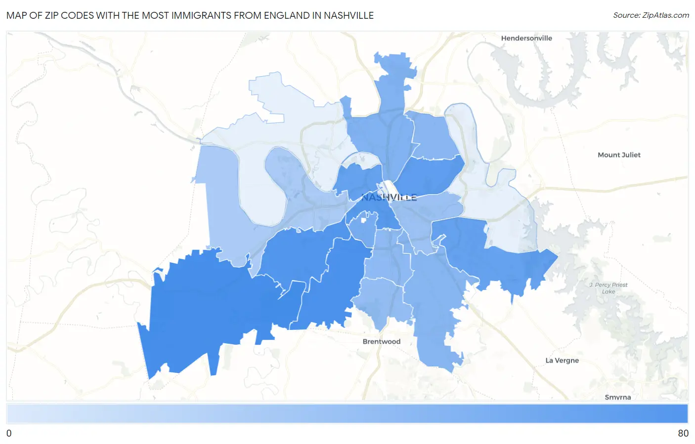 Zip Codes with the Most Immigrants from England in Nashville Map
