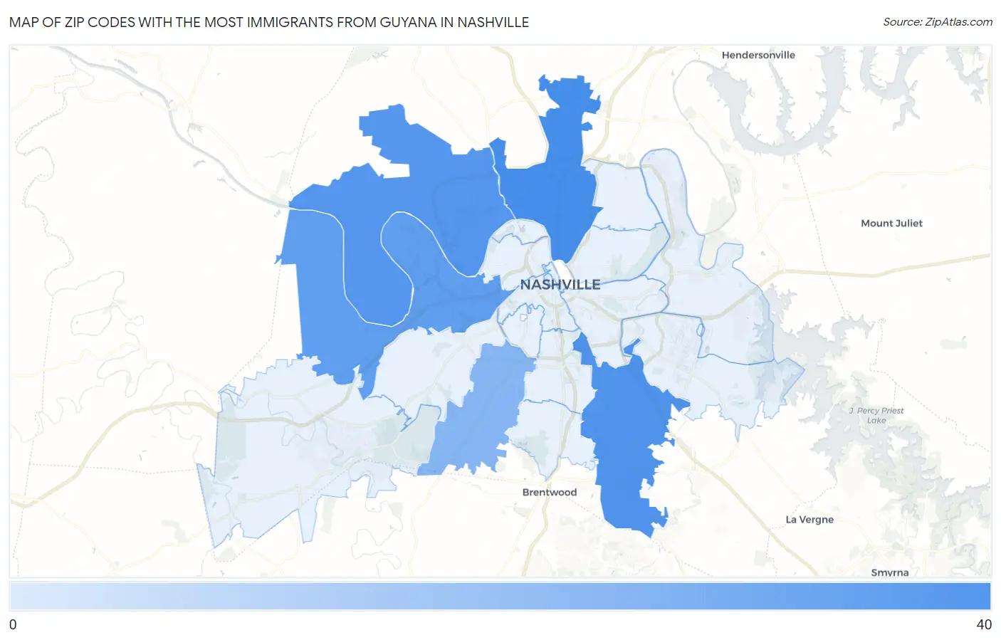 Zip Codes with the Most Immigrants from Guyana in Nashville Map