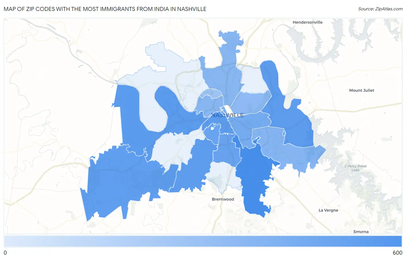 Zip Codes with the Most Immigrants from India in Nashville Map