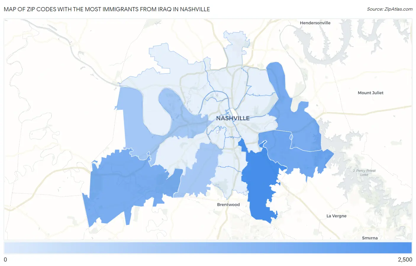 Zip Codes with the Most Immigrants from Iraq in Nashville Map