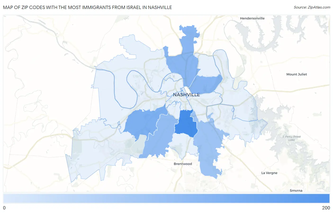 Zip Codes with the Most Immigrants from Israel in Nashville Map