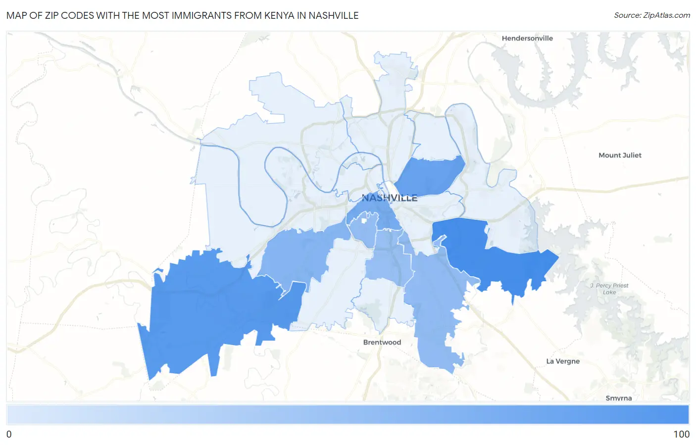 Zip Codes with the Most Immigrants from Kenya in Nashville Map