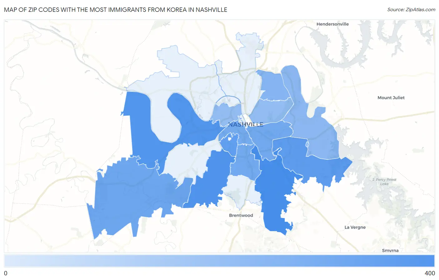 Zip Codes with the Most Immigrants from Korea in Nashville Map