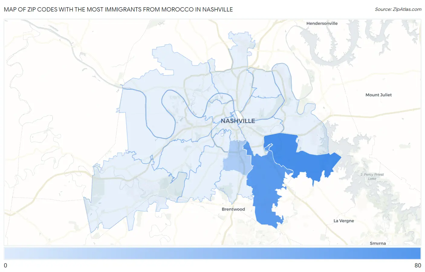 Zip Codes with the Most Immigrants from Morocco in Nashville Map