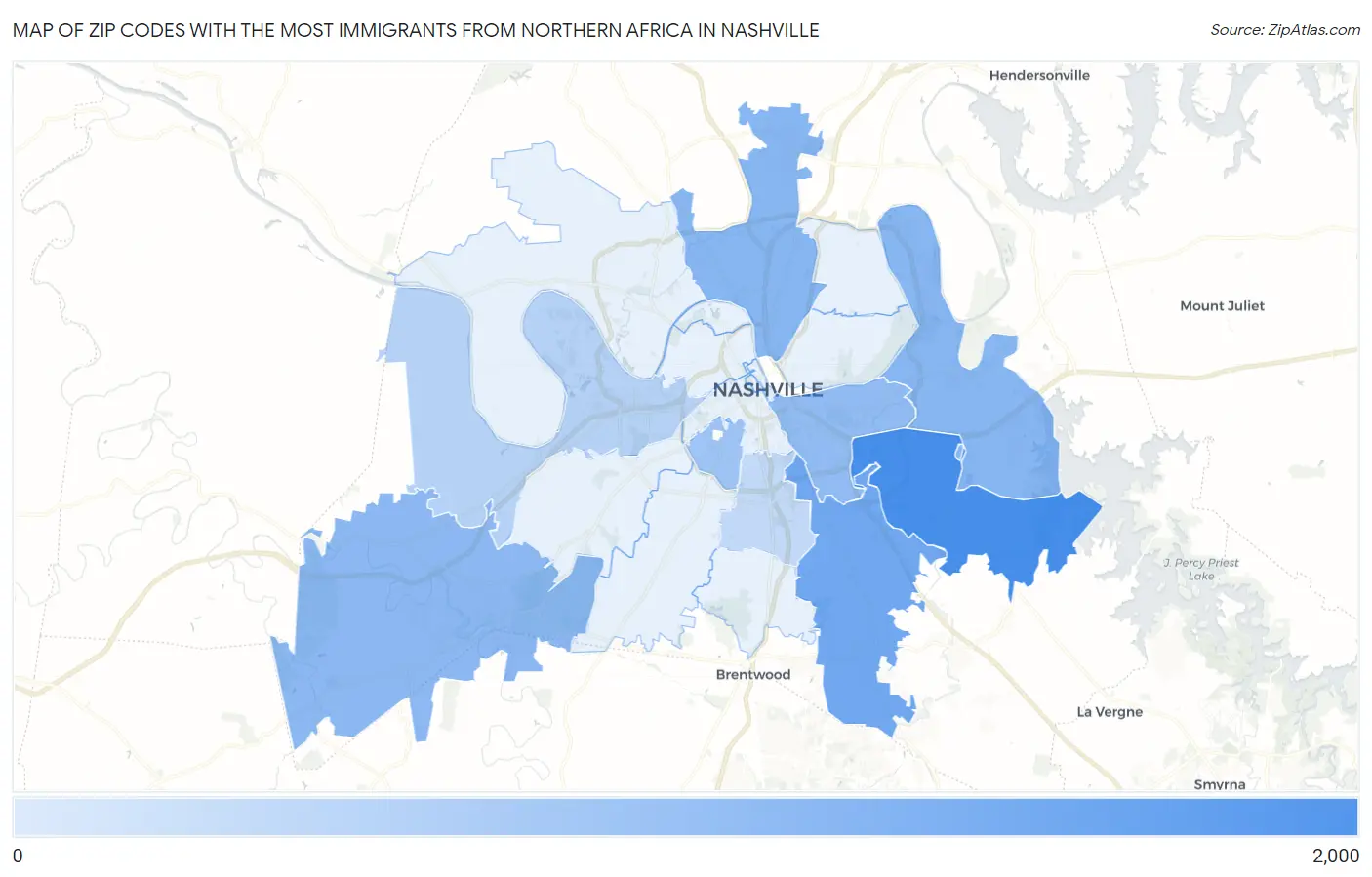 Zip Codes with the Most Immigrants from Northern Africa in Nashville Map