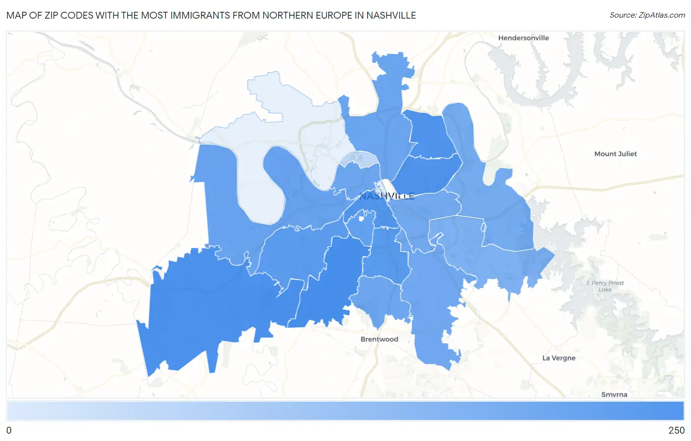 Zip Codes with the Most Immigrants from Northern Europe in Nashville Map