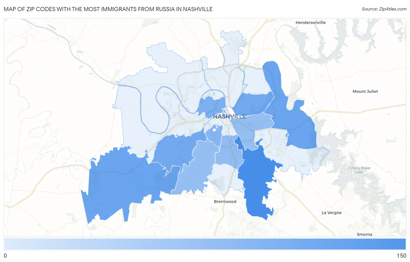 Zip Codes with the Most Immigrants from Russia in Nashville Map