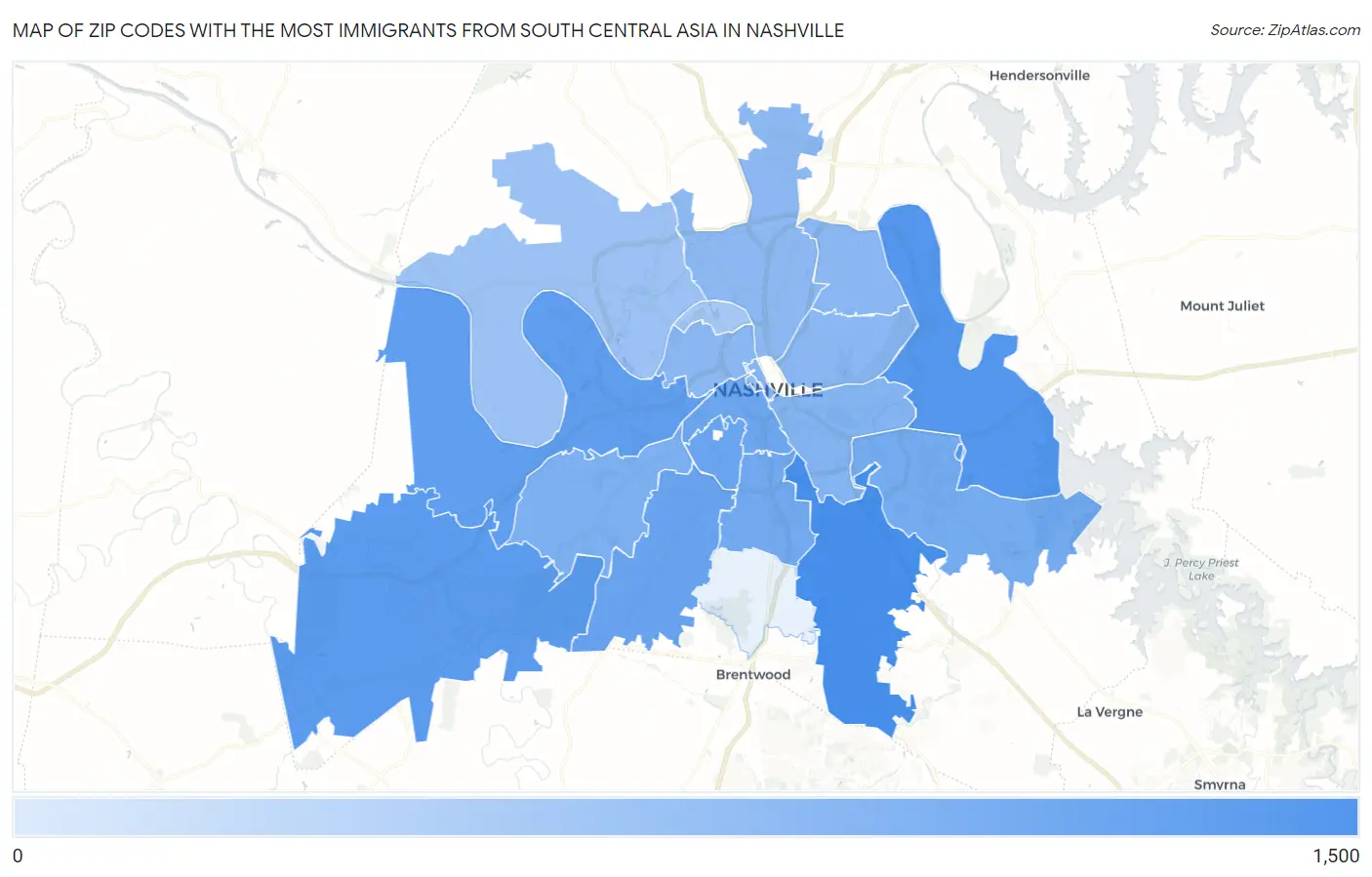Zip Codes with the Most Immigrants from South Central Asia in Nashville Map