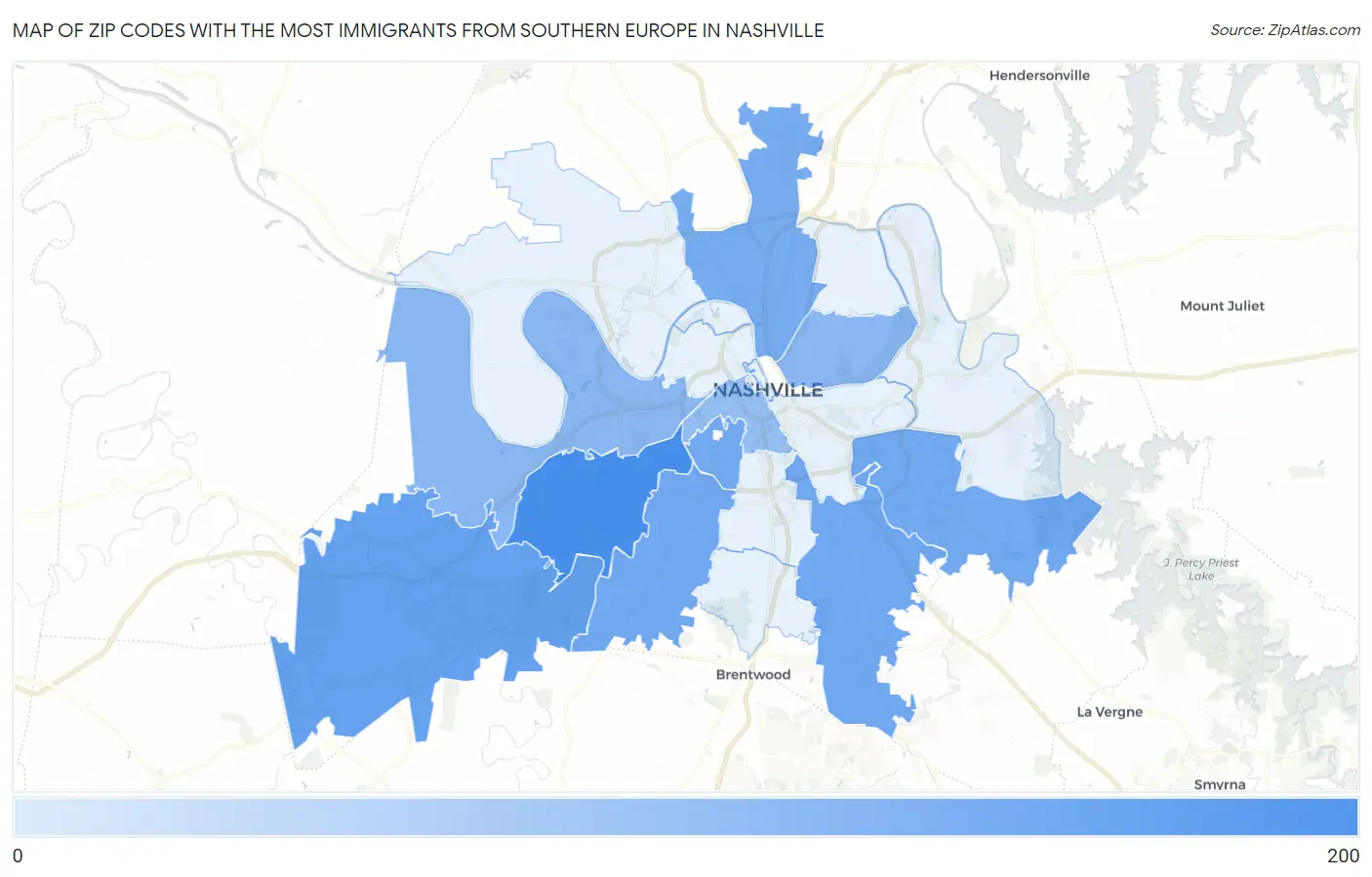 Zip Codes with the Most Immigrants from Southern Europe in Nashville Map