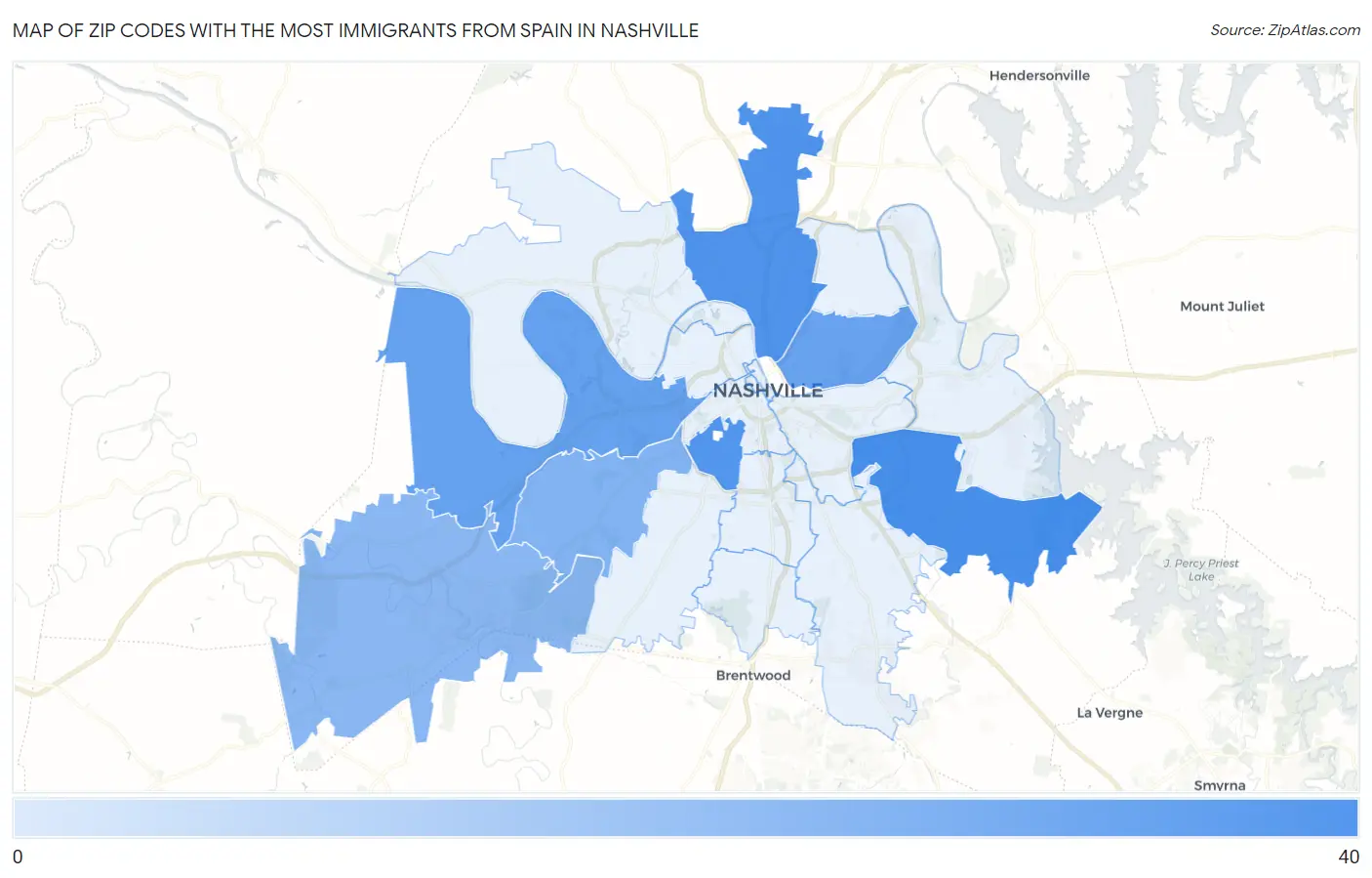 Zip Codes with the Most Immigrants from Spain in Nashville Map