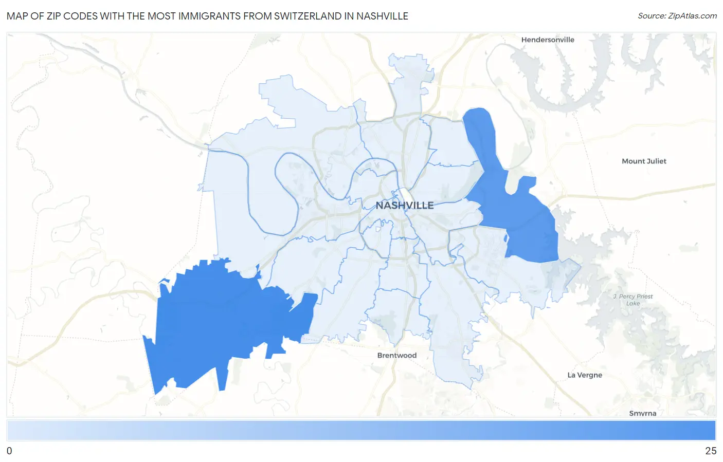 Zip Codes with the Most Immigrants from Switzerland in Nashville Map
