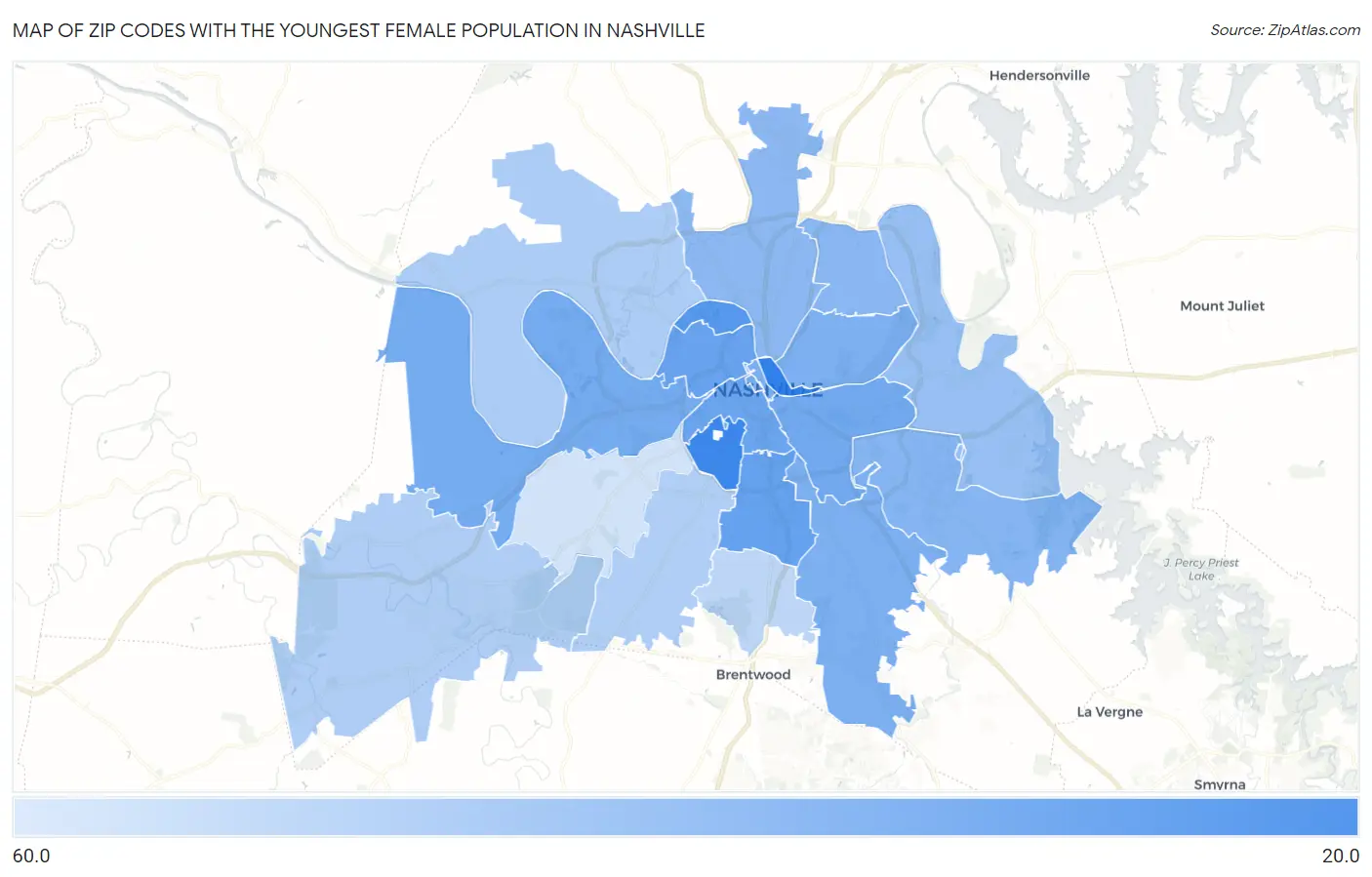 Zip Codes with the Youngest Female Population in Nashville Map