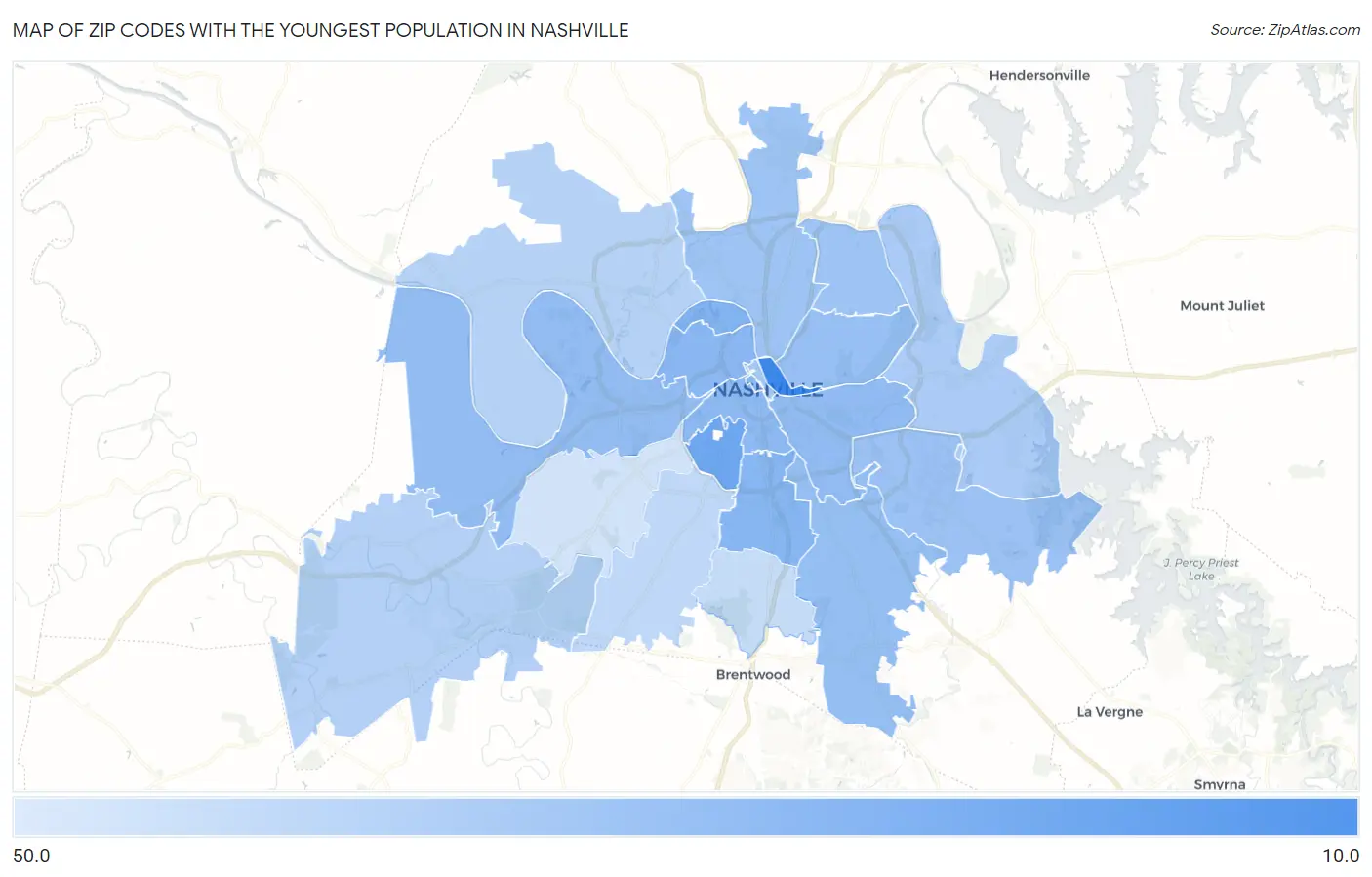 Zip Codes with the Youngest Population in Nashville Map