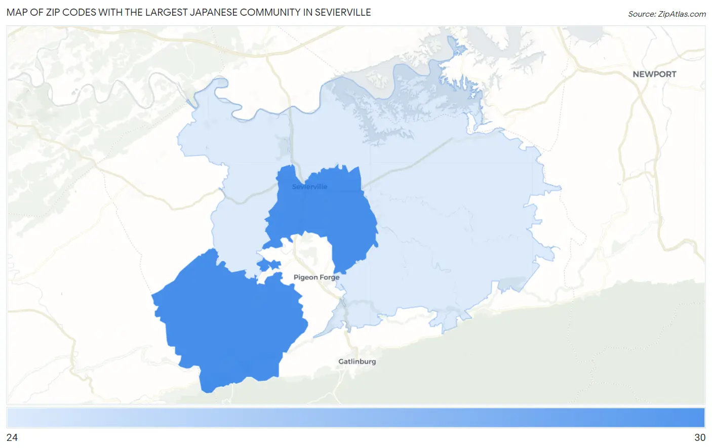Zip Codes with the Largest Japanese Community in Sevierville Map