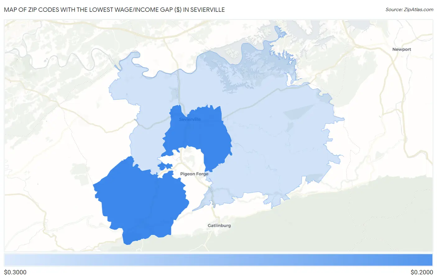 Zip Codes with the Lowest Wage/Income Gap ($) in Sevierville Map