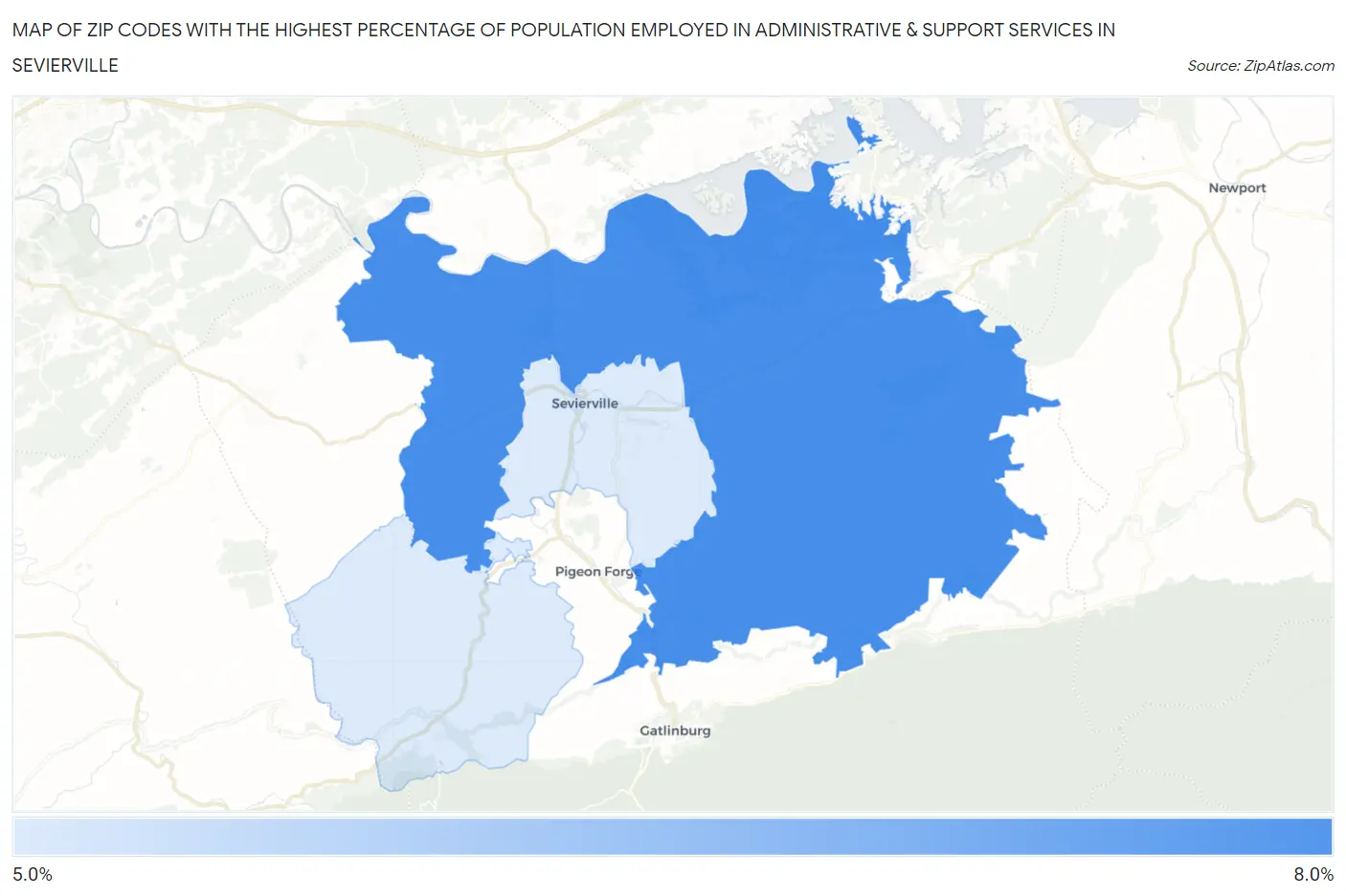 Zip Codes with the Highest Percentage of Population Employed in Administrative & Support Services in Sevierville Map