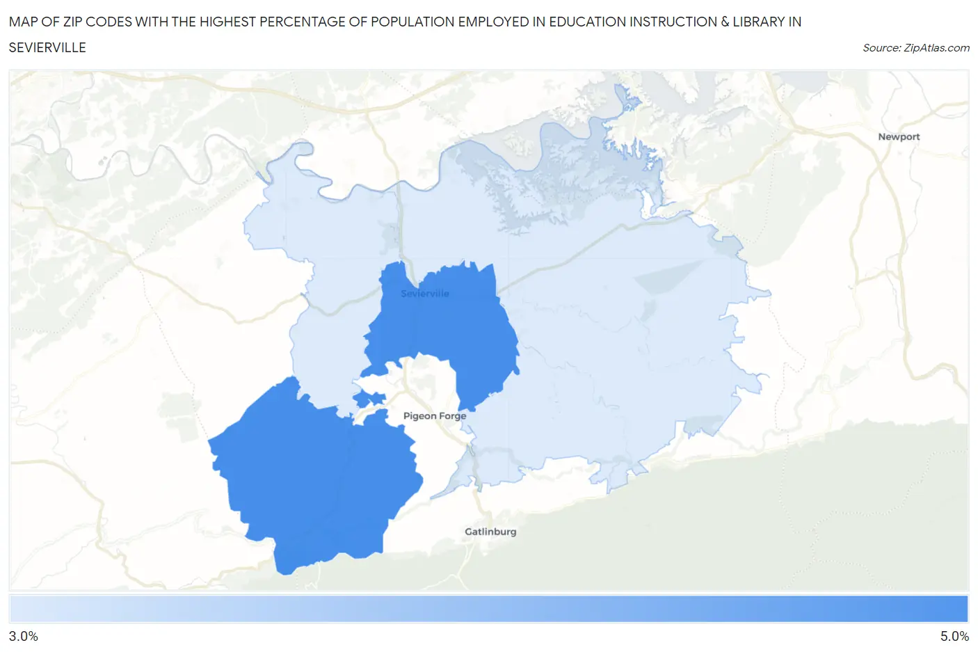 Zip Codes with the Highest Percentage of Population Employed in Education Instruction & Library in Sevierville Map