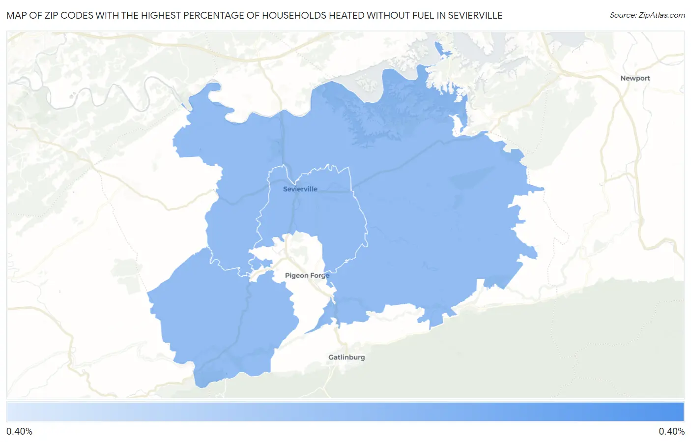 Zip Codes with the Highest Percentage of Households Heated without Fuel in Sevierville Map