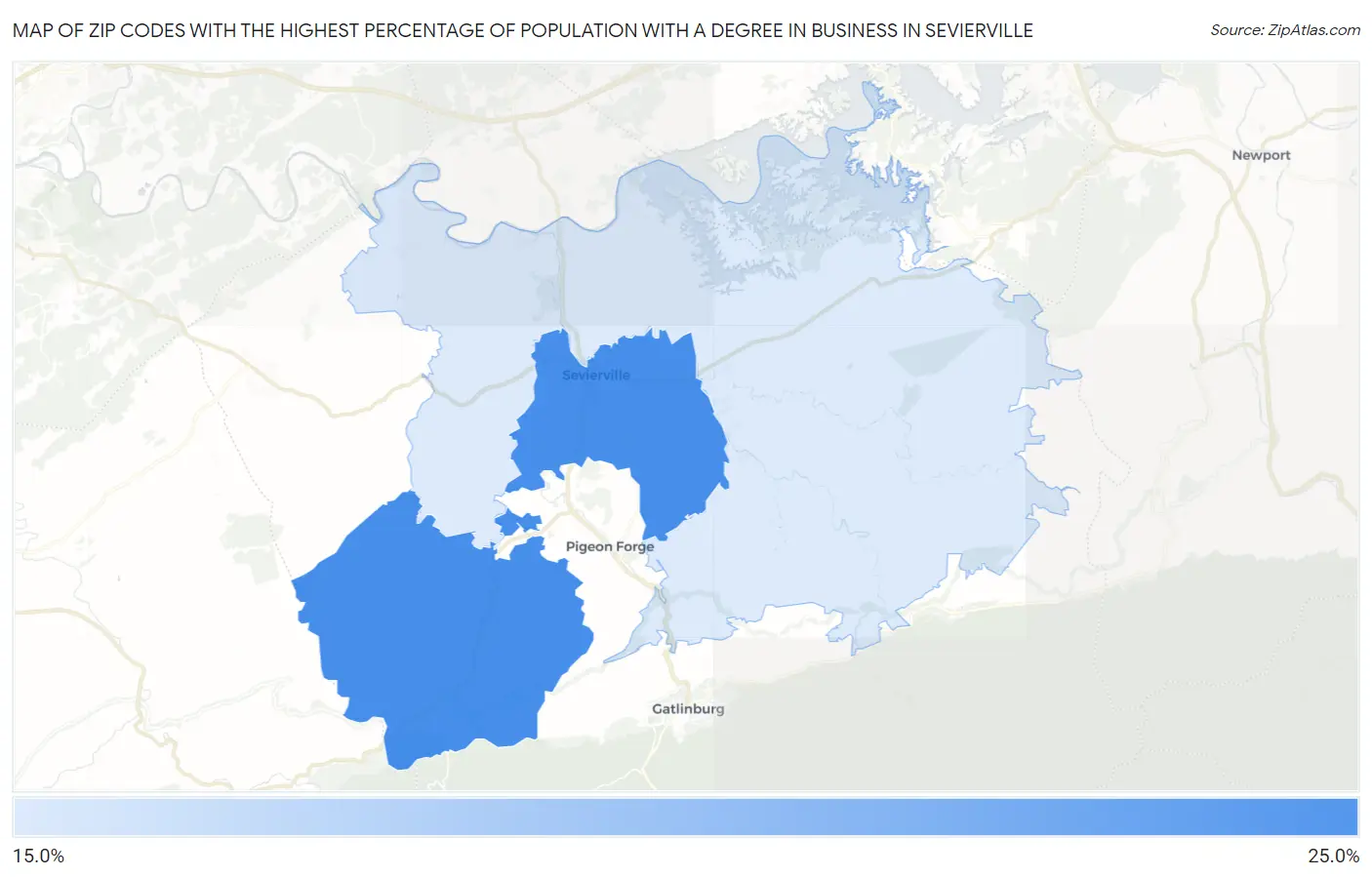 Zip Codes with the Highest Percentage of Population with a Degree in Business in Sevierville Map