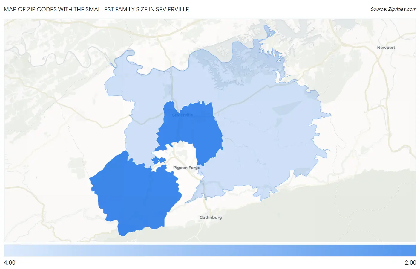 Zip Codes with the Smallest Family Size in Sevierville Map