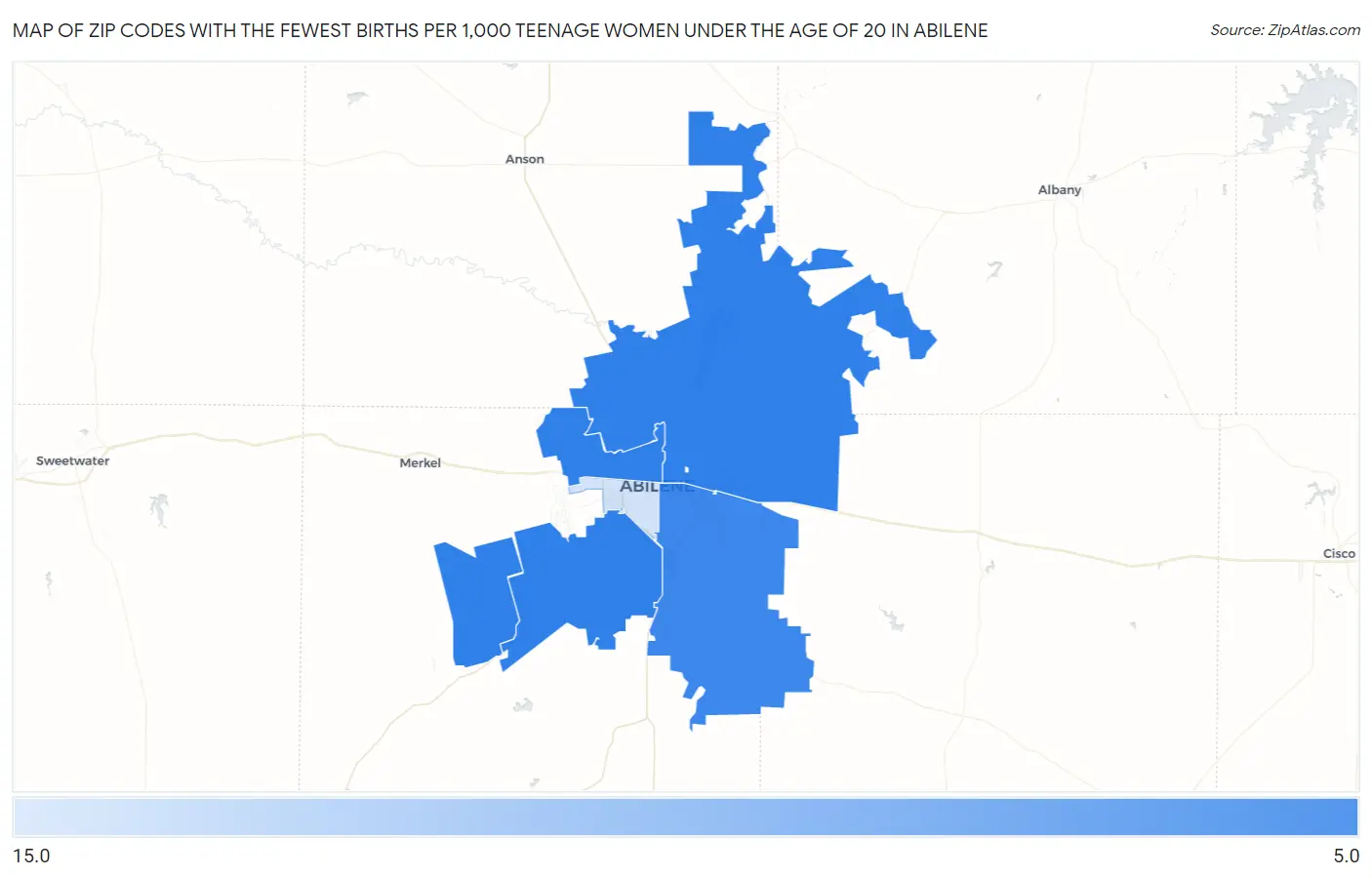 Zip Codes with the Fewest Births per 1,000 Teenage Women Under the Age of 20 in Abilene Map