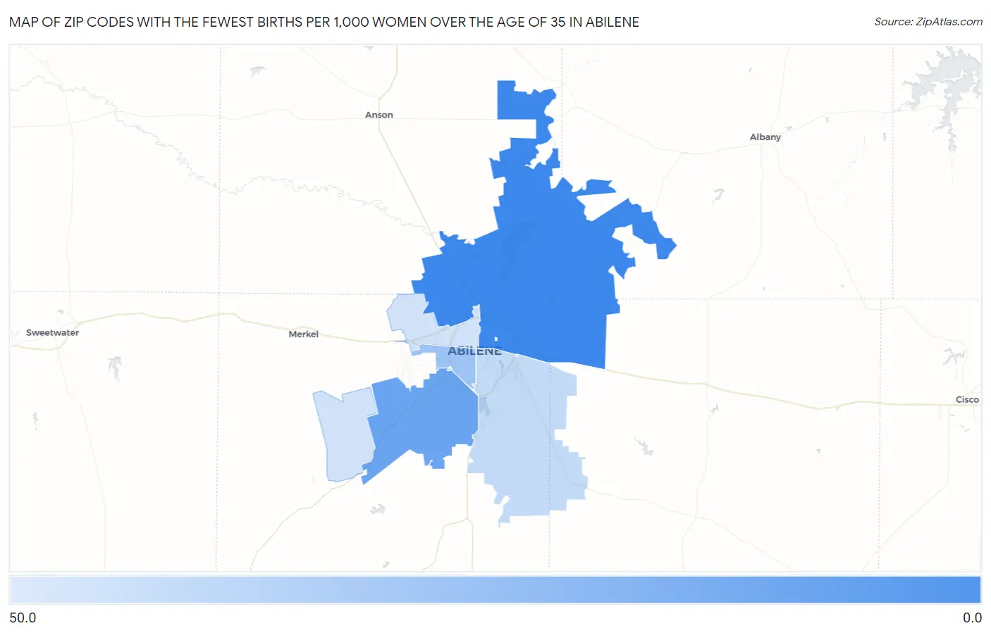 Zip Codes with the Fewest Births per 1,000 Women Over the Age of 35 in Abilene Map