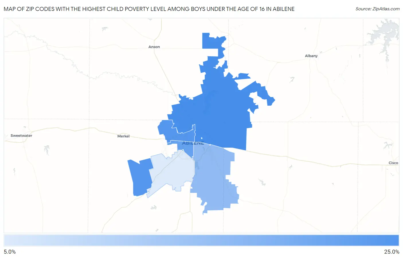 Zip Codes with the Highest Child Poverty Level Among Boys Under the Age of 16 in Abilene Map