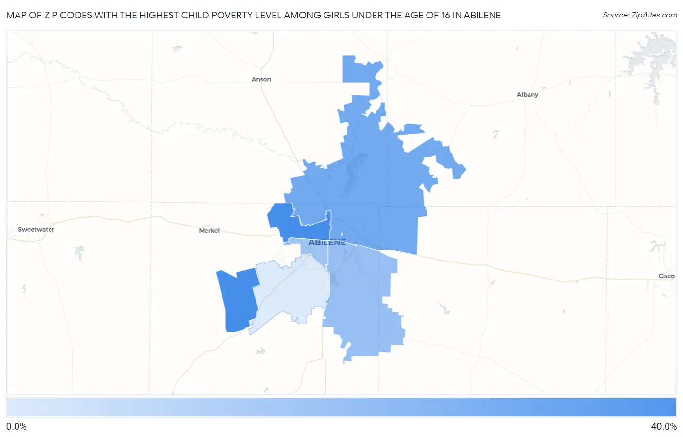 Zip Codes with the Highest Child Poverty Level Among Girls Under the Age of 16 in Abilene Map