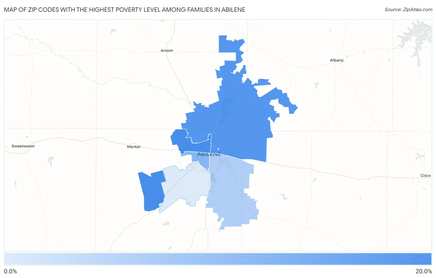 Zip Codes with the Highest Poverty Level Among Families in Abilene Map