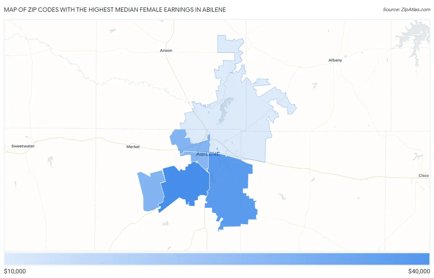Zip Codes with the Highest Median Female Earnings in Abilene Map