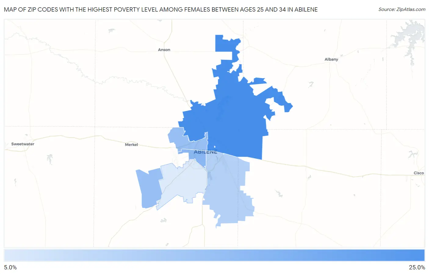 Zip Codes with the Highest Poverty Level Among Females Between Ages 25 and 34 in Abilene Map