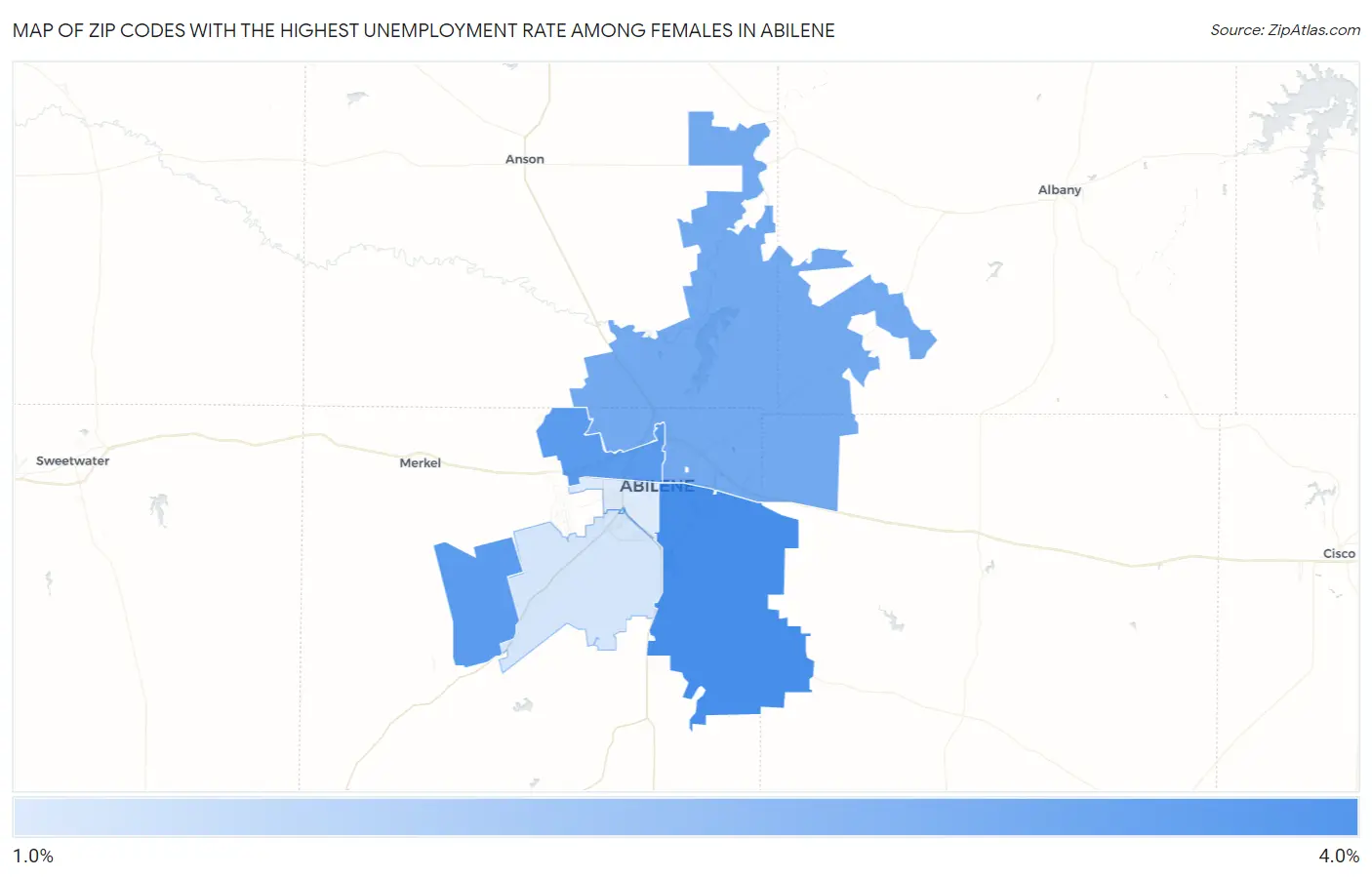 Zip Codes with the Highest Unemployment Rate Among Females in Abilene Map
