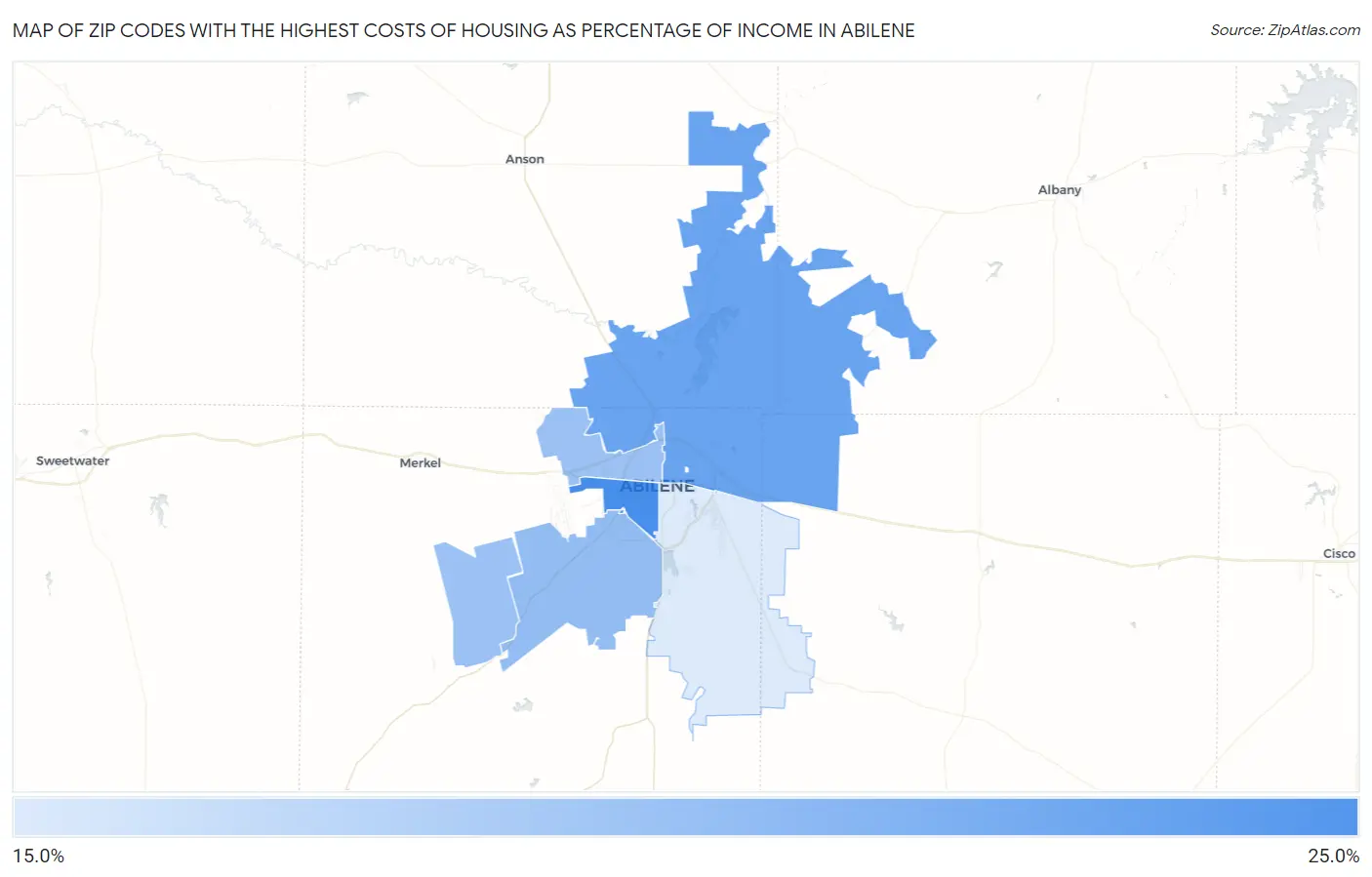 Zip Codes with the Highest Costs of Housing as Percentage of Income in Abilene Map