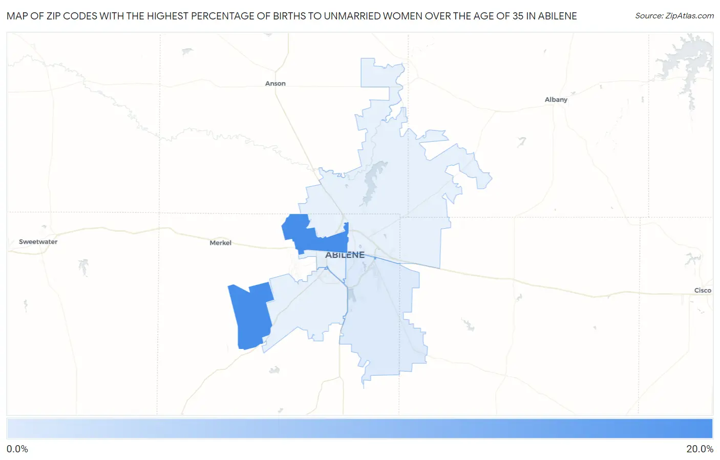 Zip Codes with the Highest Percentage of Births to Unmarried Women over the Age of 35 in Abilene Map