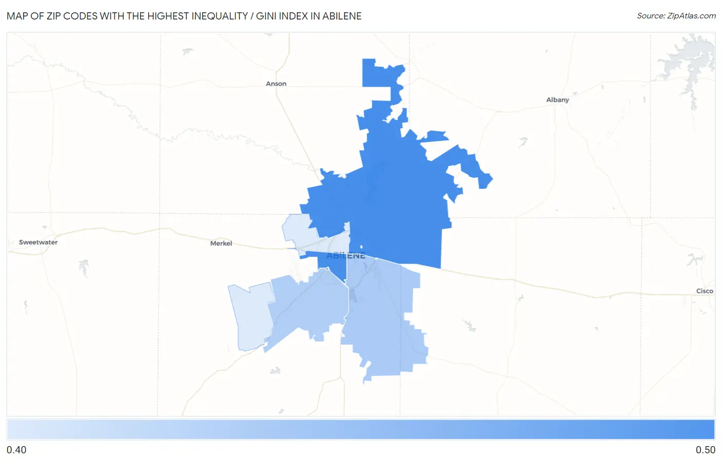 Zip Codes with the Highest Inequality / Gini Index in Abilene Map