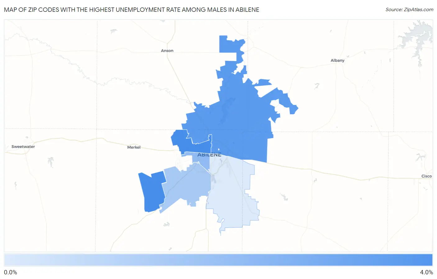 Zip Codes with the Highest Unemployment Rate Among Males in Abilene Map