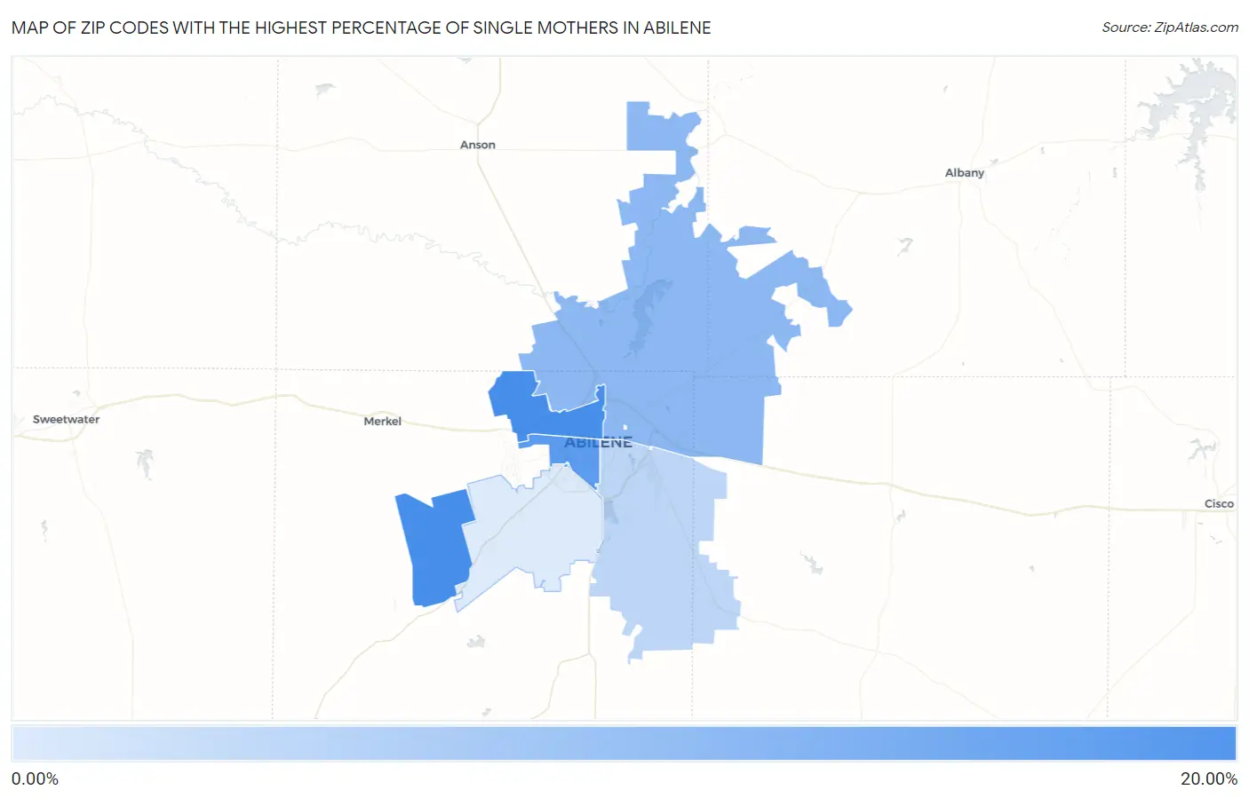 Zip Codes with the Highest Percentage of Single Mothers in Abilene Map
