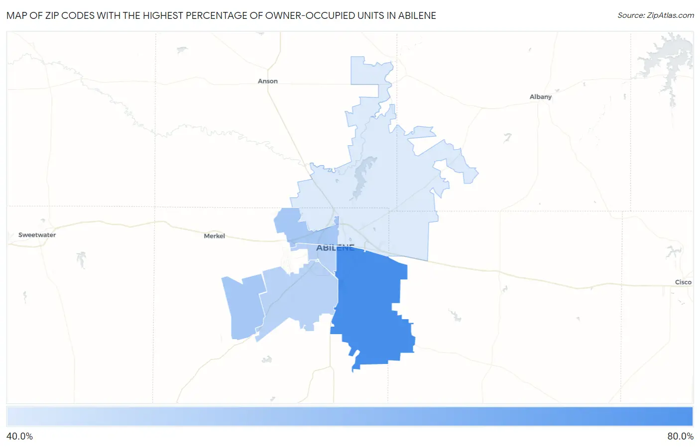 Zip Codes with the Highest Percentage of Owner-Occupied Units in Abilene Map