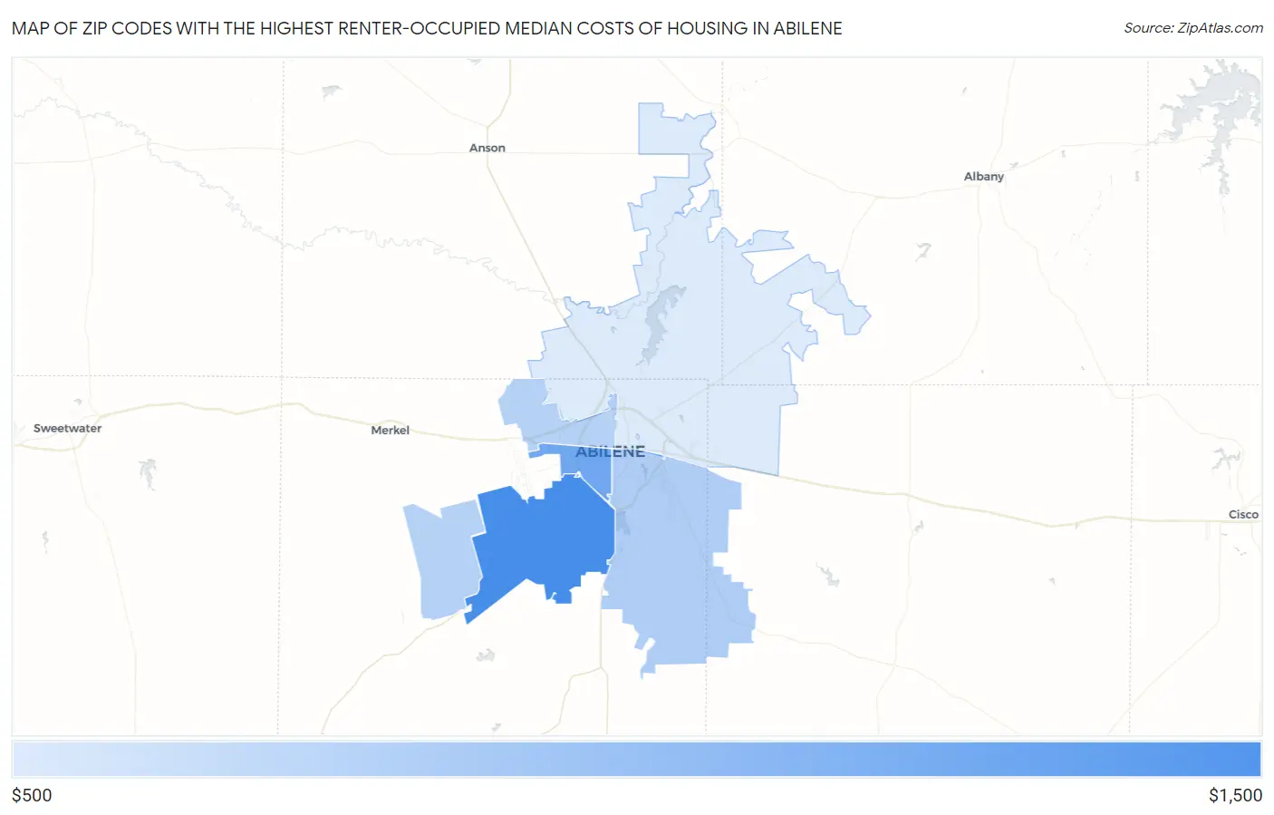 Zip Codes with the Highest Renter-Occupied Median Costs of Housing in Abilene Map