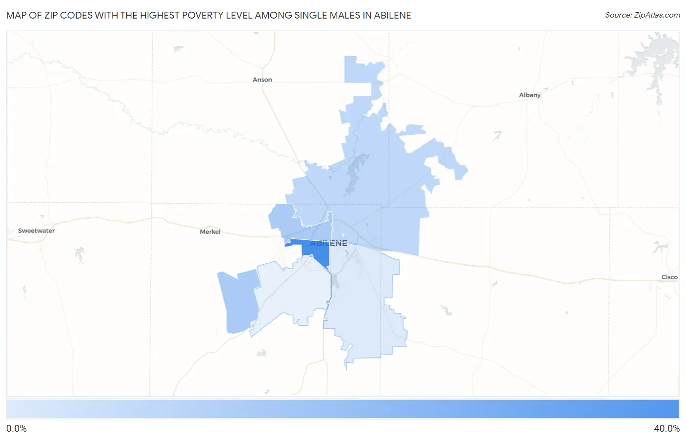 Zip Codes with the Highest Poverty Level Among Single Males in Abilene Map