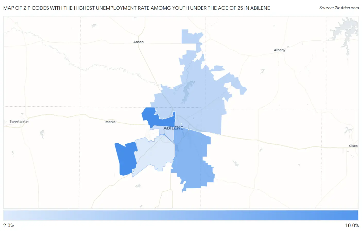 Zip Codes with the Highest Unemployment Rate Amomg Youth Under the Age of 25 in Abilene Map