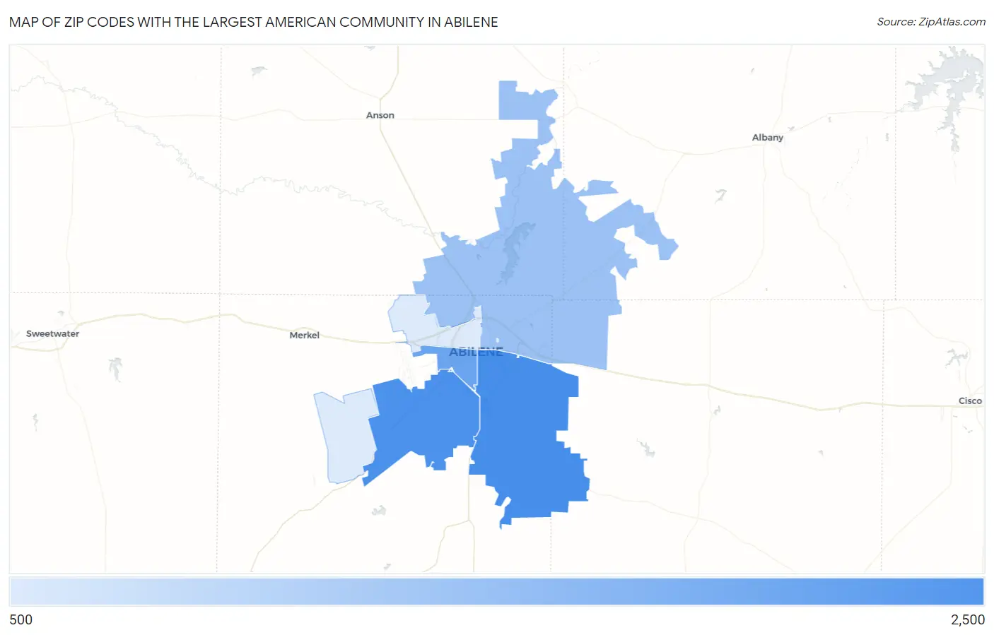 Zip Codes with the Largest American Community in Abilene Map