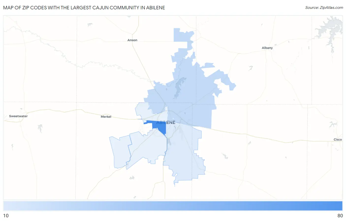 Zip Codes with the Largest Cajun Community in Abilene Map