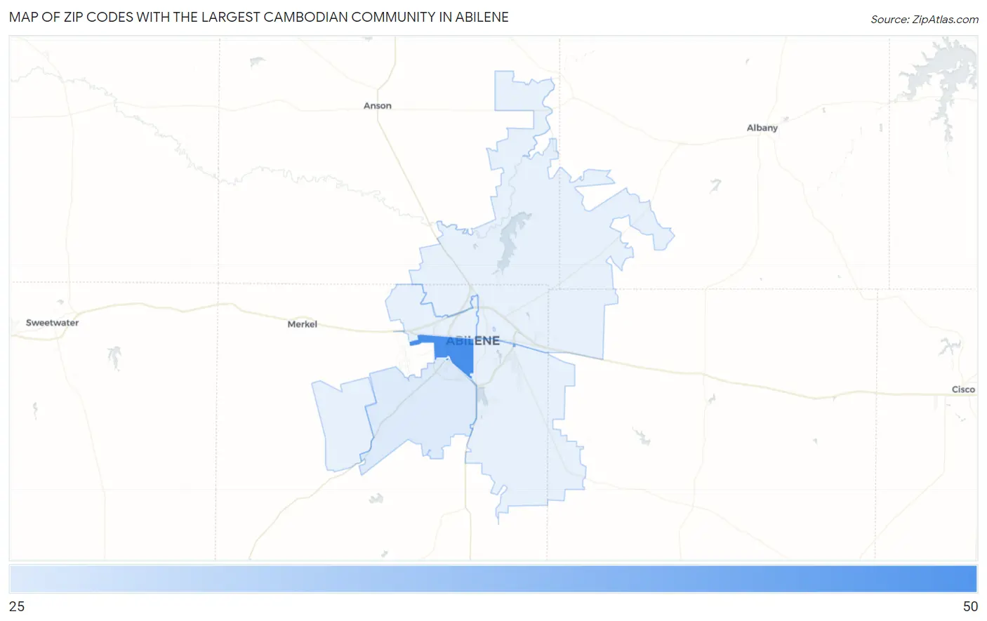 Zip Codes with the Largest Cambodian Community in Abilene Map